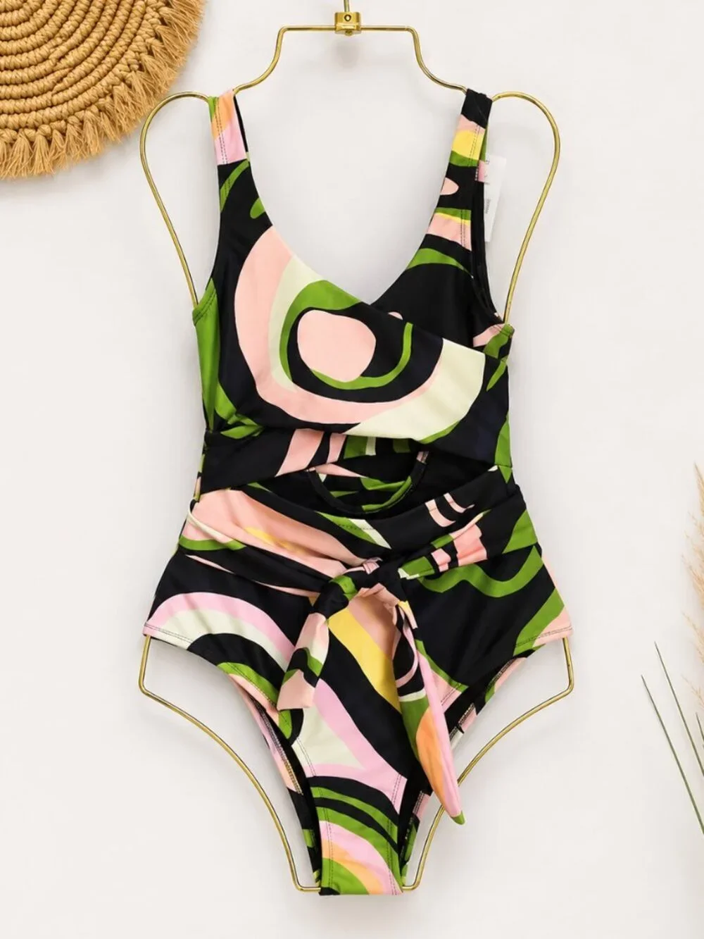 Revolve Hutch NEW Marco Wrap One Piece Swimsuit Green Abstract Swirl SZ XS Beach